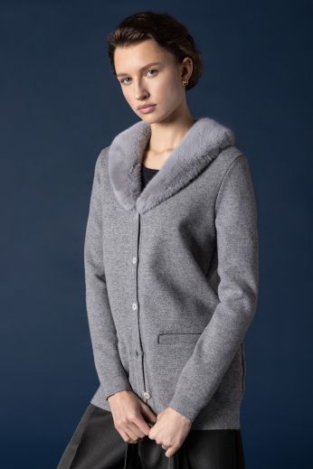 Fake-fur collar stretch-knit cardigan