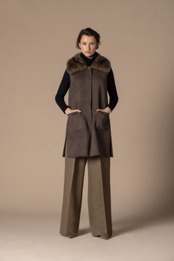 Fake-fur long wool-felt vest