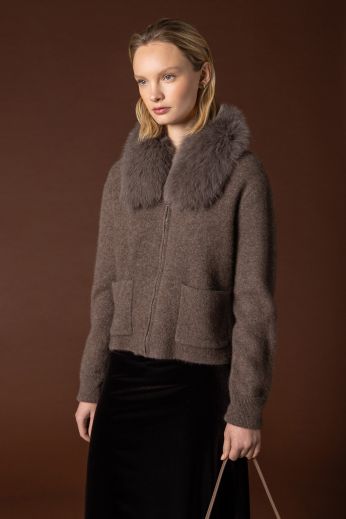 Fox fur collar knit jacket