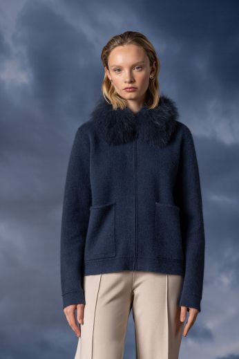 Fox fur collar knit jacket